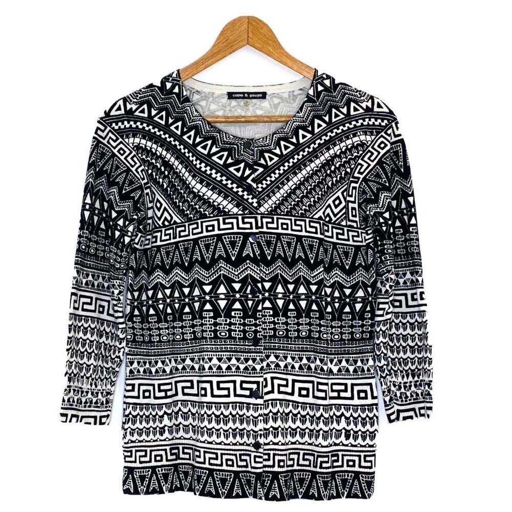 Cable & Gauge Fine Knit Cardigan Sweater Womens size Small Button Up Black White